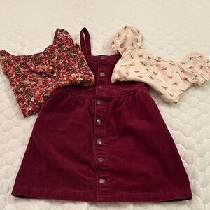 Cat & Jack Maroon Corduroy Dress with two floral tops.